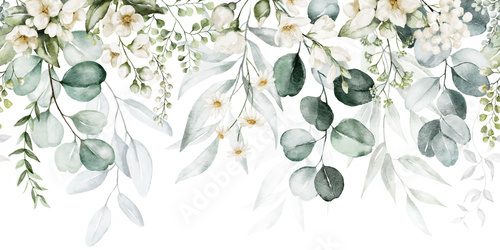 Fototapeta Akwarela bezszwowa granica - ilustracja z zielonymi złotymi liśćmi, białymi kwiatami, różą, piwonią i gałęziami, do papeterii ślubnej, pozdrowień, tapet, mody, tła, opakowań, kart.