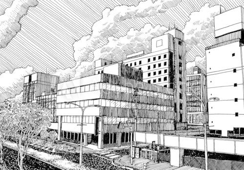 Fototapeta Japonia urban city office buildibgs zobacz rysunek styl szkic tuszem