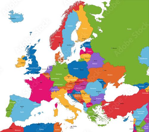 Fototapeta Kolorowa mapa Europy z krajami i stolicami