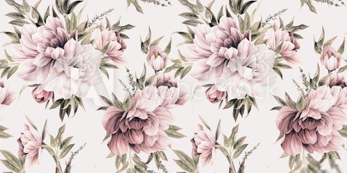 Fototapeta Kwiatowy wzór z kwiatami piwonii na tle lata, akwarela ilustracja. Projekt szablonu dla tekstyliów, wnętrz, ubrań, tapet