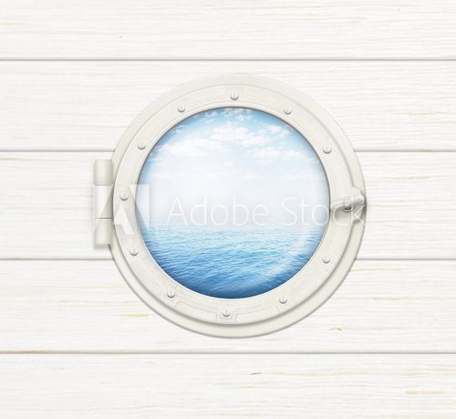 Fototapeta okno statku lub iluminator na drewnianej ścianie z widocznym morzem lub oceanem