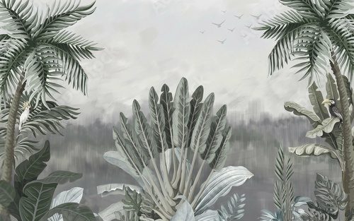 Fototapeta Tropikalny wzór tapety krajobrazowej w pastelowych odcieniach, delikatny kolor, tło obrazu olejnego, palmy i bananowce, sztuka ścienna.