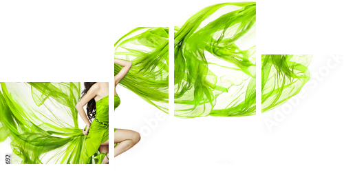 Kobieta tańczy w zielonej sukni, fruwające macha tkaniny - Obraz czteroczęściowy, Fortyk