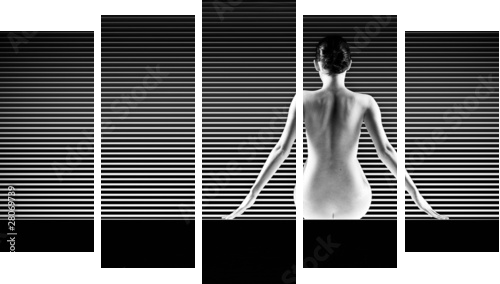 czarno-białe artystyczne nago; strzał z tyłu sylwetka na paski - Obraz pięcioczęściowy, Pentaptyk