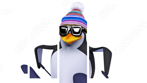 Sporty zimowe - pingwin na nartach - Obraz pięcioczęściowy, Pentaptyk