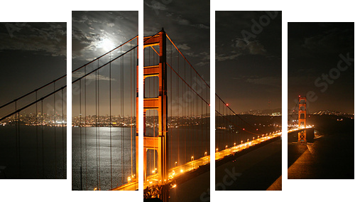 Golden Gate – ujęcie nocą - Obraz pięcioczęściowy, Pentaptyk