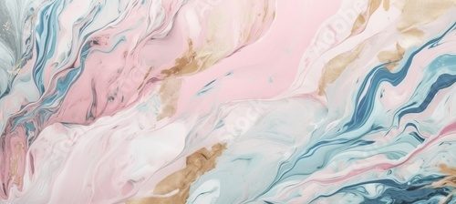 Fototapeta Abstrakcjonistyczny płynny marmurowy tekstura tło. Miękkie pastelowe różowo-niebieskie kolory. Technologia generatywnej sztucznej inteligencji.