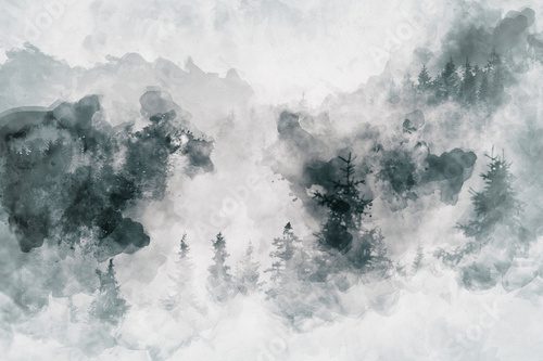 Fototapeta Abstrakcyjne dzieło sztuki przedstawiające ciemny las z brzozami. Technika mieszana.
