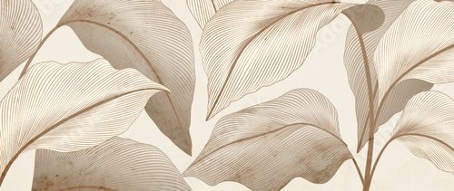 Fototapeta Abstrakcyjne tło botaniczne z tropikalnymi liśćmi w stylu rysowanych ręcznie linii. Nowoczesny baner roślinny do dekoracji, druku, pocztówki, tapety, okładki, wnętrza i opakowań.