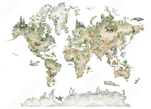 Fototapeta Akwarelowa mapa świata ze zwierzętami i elementami naturalnymi. Mapa geograficzna. Ręcznie malowana ziemia na białym tle. Wydruk do pokoju dziecięcego.