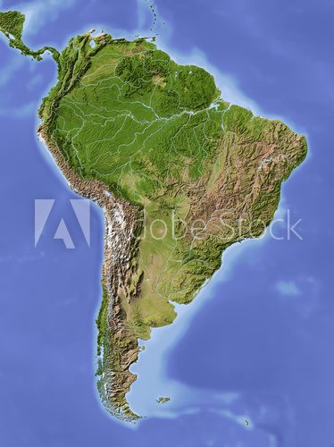 Fototapeta Ameryka Południowa, zacieniowana mapa reliefowa, kolorowa dla roślinności