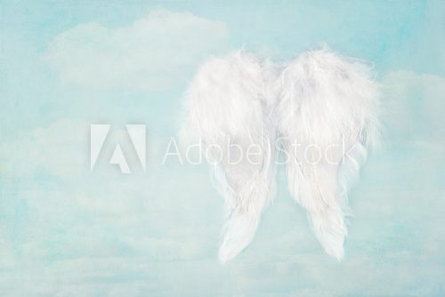 Fototapeta Biały anioł uskrzydla na niebieskiego nieba tle