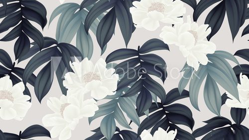 Fototapeta Botaniczny wzór, białe kwiaty paenia lactiflora i liście na jasnobrązowym tle