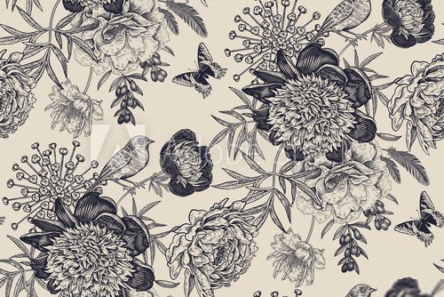 Fototapeta Botaniczny wzór z ptakami i motylami