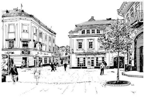 Fototapeta cyfrowy szkic wektor czarno-biały ilustracja Użgorod c