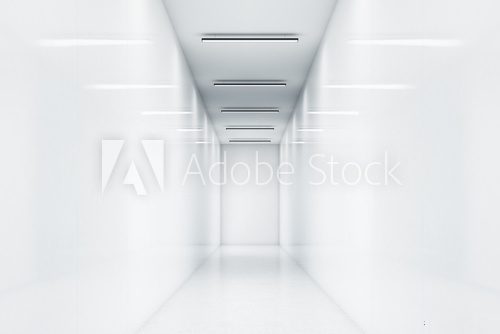 Fototapeta Długi korytarz biurowy z białymi ścianami. Bardzo jasne światło. Lampy odbijające się w ścianach. Koncepcja odnoszącej sukcesy firmy. 3d rendering. Makieta