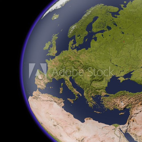 Fototapeta Europa z kosmosu, zacieniowana mapa reliefowa.
