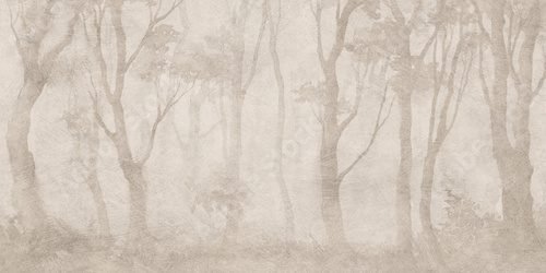 Fototapeta Fototapeta przedstawiająca zabytkowy leśny krajobraz w odcieniach sepii, tapeta z fakturą antycznego lasu, eteryczna ilustracja mglistego gaju drzew do aranżacji wnętrz