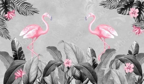 Fototapeta Fototapety do pokoju. Różowe flamingi. Flamingi na tle liści. Tropikalne liście, tropiki, flamingi.
