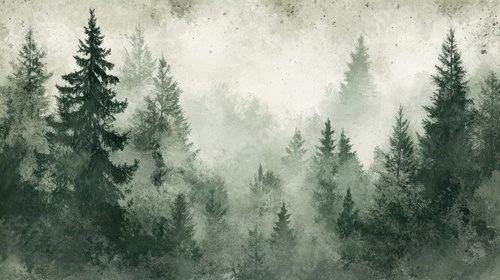 Fototapeta Gęsty iglasty las we mgle