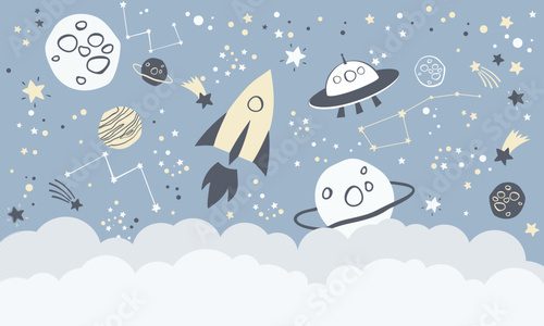 Fototapeta Graficzna ilustracja dla dzieci do pokoju dziecięcego, na ścianę, okładkę książki, tekstylia, kartki. Projekt wnętrza pokoju dziecięcego. Ilustracja wektorowa z motywem kosmicznym.