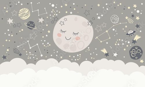 Fototapeta Graficzna ilustracja dla dzieci do pokoju dziecięcego, na ścianę, okładkę książki, tekstylia, kartki. Projekt wnętrza pokoju dziecięcego. Ilustracja wektorowa z motywem kosmicznym i uroczym księżycem.