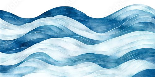 Fototapeta Ilustracja z teksturą fal oceanicznych, niebieskie linie w formacie PNG do kopiowania tekstu. Baner internetowy z płynącą falą jeziora, efekt akwareli w tle. Zabawny basen z spokojną wodą w kreskówce. Ręcznie malowane detale.