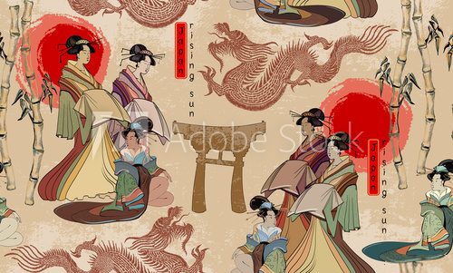 Fototapeta Japoński i chiński wzór kultury. Gejsze i smoki. Tradycyjna kultura japońska, czerwone słońce, smoki i wzór kobiety gejsza. Sztuka Japonii