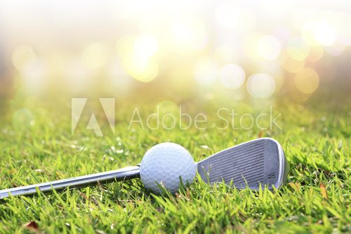 Fototapeta Kij golfowy i piłka w trawie