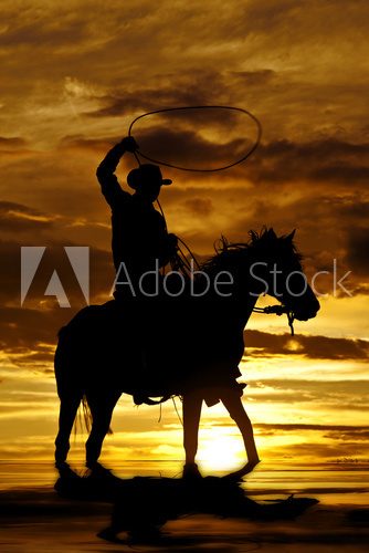 Fototapeta Kowbojska kołysząca arkana na koniu w wodzie