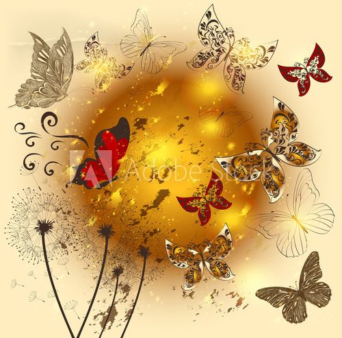Fototapeta Kreatywnie kwiatu błyszczący tło z motylami