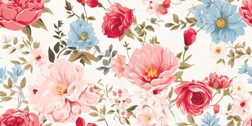 Fototapeta Kwiaty i rośliny. Klasyczny, bezszwowy, kwiatowy wzór w stylu shabby chic. Wektorowa ilustracja kwiatów: piwonia, róża, aster, liście i rośliny na tło, wzór i tapetę.