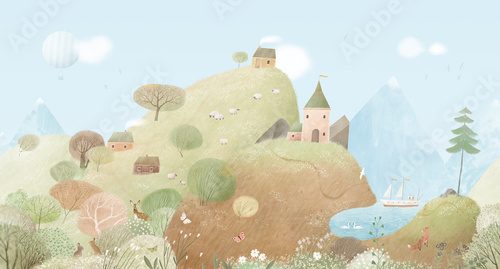 Fototapeta Letni krajobraz ze wzgórzami, jeziorem, wiejskimi domami i zamkiem. Ilustracja akwarelowa. Uroczy krajobraz do pokoju dziecięcego. Ilustracja rysowana ręcznie. Grafika ścienna. Wzór bezszwowy.