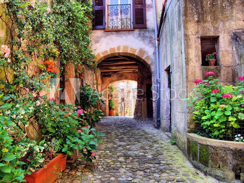Fototapeta Łukowata brukowiec ulica w Tuscan wiosce, Włochy