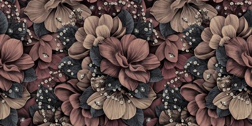 Fototapeta Luksusowa tapeta, mistyczny wzór, vintage kwiatowy tło. Delikatne duże kwiaty, hortensja, bordo, beż, łyszczec, szare liście, magiczne świetliki. Akwarela ilustracja 3d, tekstura