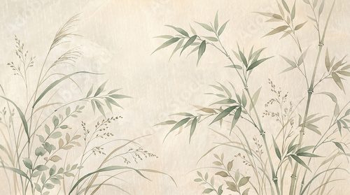 Fototapeta Malowidło wykonane tuszem bambusowym na papierze o fakturze drewna, tradycyjny orientalny mural botaniczny, tło zen z zielonymi liśćmi i trawą