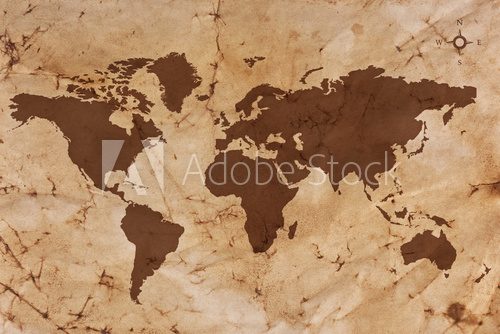 Fototapeta Mapa starego świata na pomarszczony i poplamiony pergamin