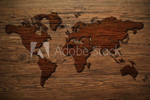 Fototapeta Mapa świata - drewniana ściana