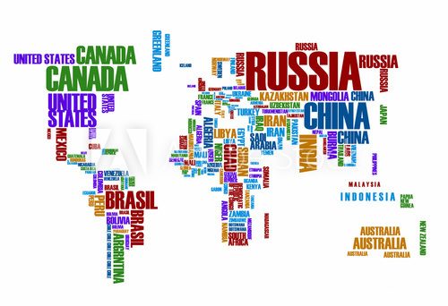 Fototapeta Mapa świata: na konturach kraju składają się słowa