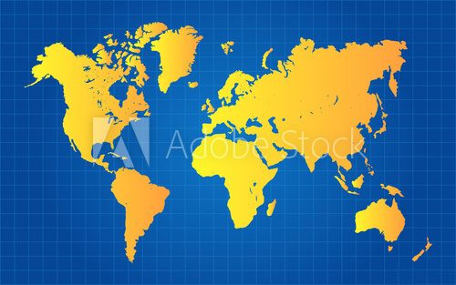 Fototapeta Mapa świata złota na niebieskim tle gradientu siatki