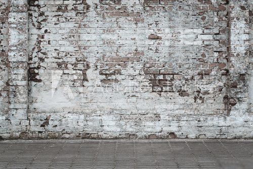 Fototapeta Miastowy tło, biel rujnująca przemysłowa ściana z cegieł whith kopii przestrzeń