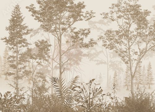 Fototapeta Minimalistyczna sepia leśne drzewa i tropikalne liście botaniczna ilustracja wektorowa