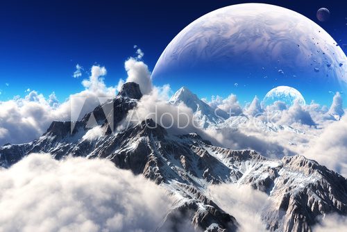 Fototapeta Niebiański widok śnieg nakrywać góry i obca planeta.