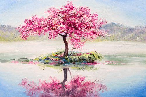 Fototapeta obraz olejny pejzaż, orientalna wiśnia, sakura nad jeziorem