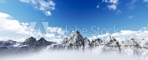 Fototapeta Panorama Śnieżny pasmo górskie krajobraz z niebieskim niebem. 3d rend