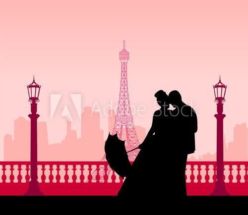Fototapeta Para ślub przed Wieża Eiffla w Paryżu sylwetka