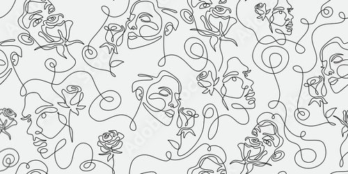 Fototapeta Piękno elegancki wzór sztuki liniowej. Twarz kobiety i kwiat Jeden rysunek linii z ręcznie rysowaną konturową ilustracją wektorową, gotowy do druku i pakowania tekstyliów. Czarno-białe kolory.