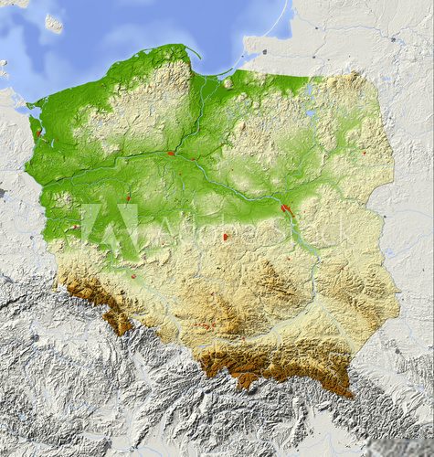 Fototapeta Polska, mapa reliefowa, kolorowana według elewacji