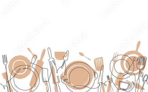 Fototapeta Poziomy wzór gotowania. Tło z przyborami kuchennymi. Rysunek linią ciągłą. Ilustracja wektorowa.