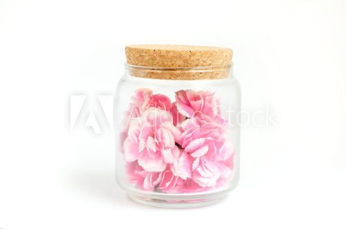 Fototapeta Różowy kwiat wewnątrz szklanej butelce ze ścieżką pracy